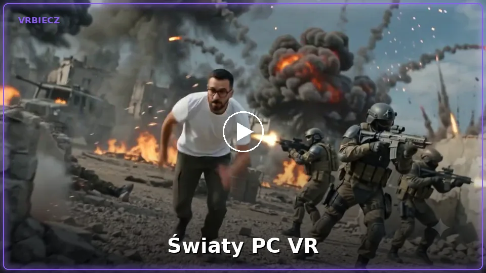 Gracz w środku pełnego świata PC VR z eksplozjami — streaming z komputera przez Wi-Fi